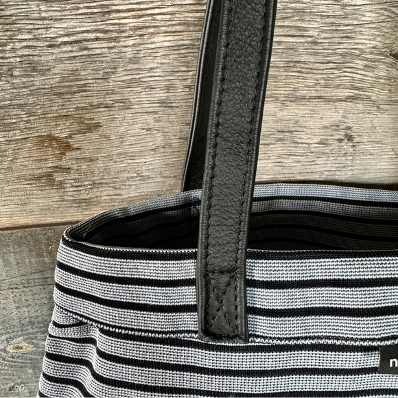 Nienkämper Black Grey Stripe Fabric Leather Handle Tote Bag Travel Commute Light - Picture 4 of 6